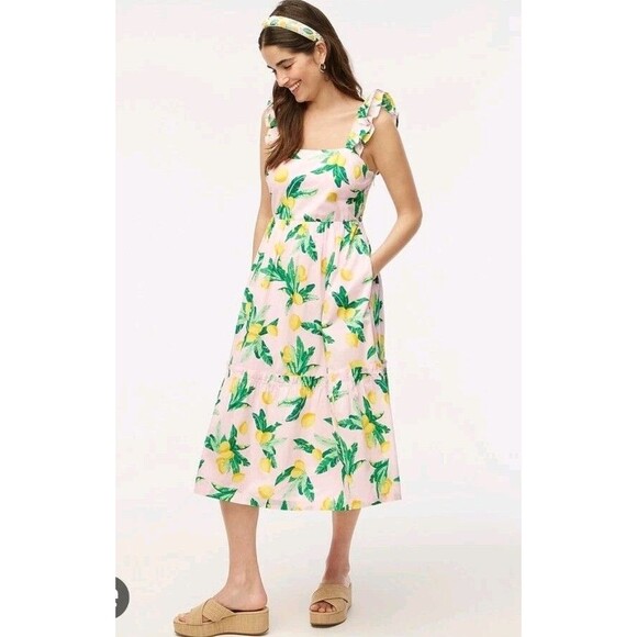 J. Crew Factory Dresses & Skirts - J. Crew Women’s Squareneck Midi Tiered Dress Lemon Print Ruffle Size 14 Preppy